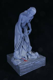 Tricia Cline (b. 1956): Untitled (Blue Female Figure), n.d. Porcelain and Fabric on Wood Base, 25" x 14" x 14", Unsigned, Unframed. RESERVE.