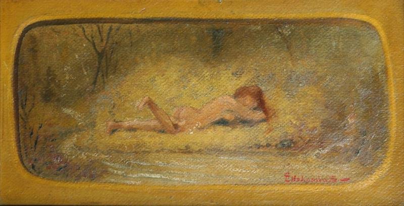 Louis Michael Eilshemius (1864-1941): Nude in Landscape, c. 1915, Oil on Board, 8.5" x 17.5", Signed Lower Right, Framed.