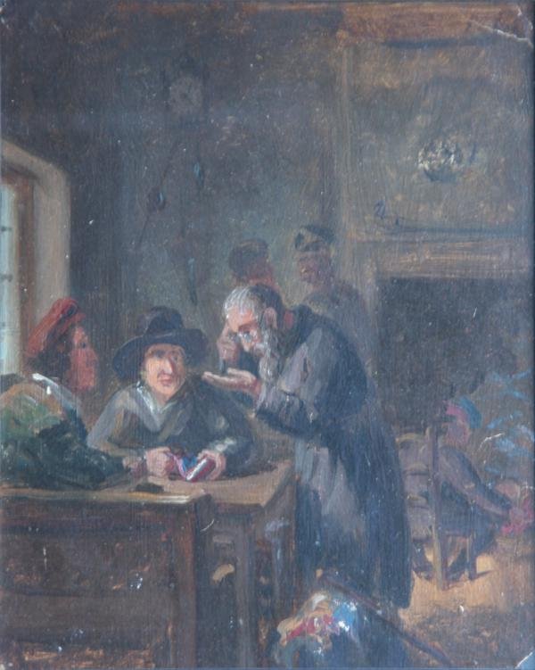 Unknown (British School): Scholarly Discussion, 1839, Oil on Paper, 7.5" x 6", Signed on Verso "London Deer 1839." Framed.