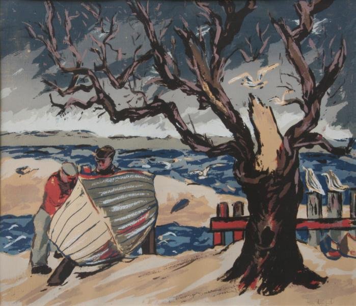 Reva Helfond (b. 1910): Two Men with Boat, c. 1940, Color Silkscreen, 13.5" x 17.5", Signed Lower Right, Framed.