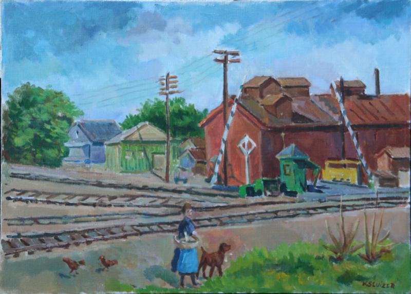 Kurt Sluizer (1911-1988): Untitled (Railroad Crossing), c. 1955, Oil on Canvas, 20" x 28", Signed Lower Right, Unframed.