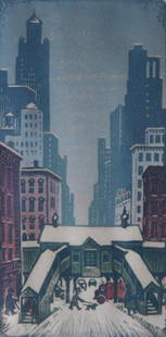 Woldemar Neufeld (1909-2002): The El (Chicago), c. 1930, Woodcut, 9" x 4.5", Signed Lower Right, Framed.