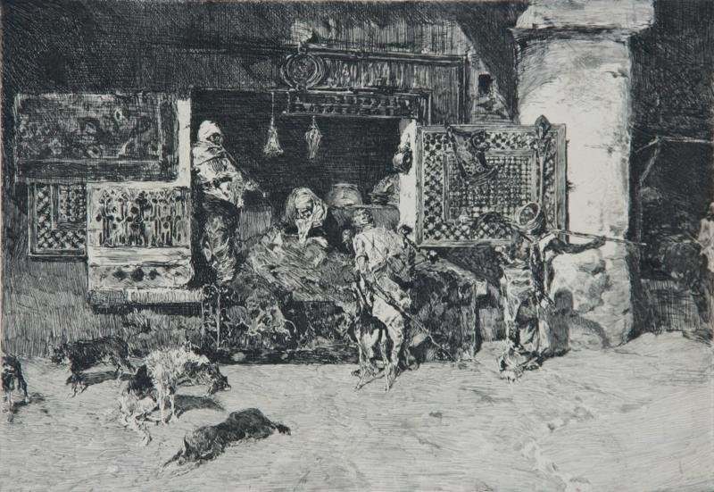Robert Blum (1857-1903): Street Vendor, c. 1890, Etching, 7" x 10", Signed Lower Right, Unframed. After painting by Mariano Fortuny.