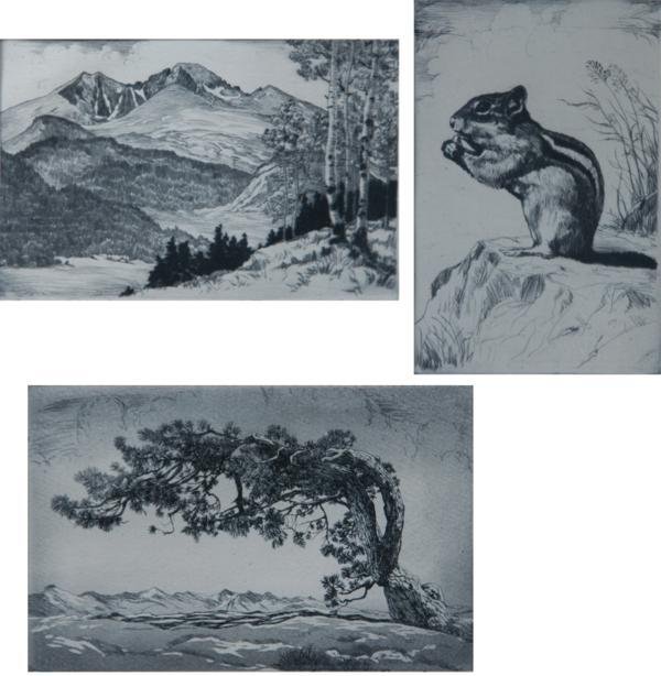 Lyman Byxbe (1886-1980): LOT OF THREE: A. Long's Peak, c. 1940, Etching, 3" x 4.75"; B. Chipmunk, c. 1940, Etching, 4.75" x 3"; C. Windswept, c. 1940, Etching, 3" x 4.75"; All Signed Lower Right; All Framed.
