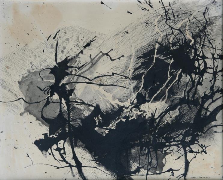 Ethel Magafan (1916-1993): Untitled Abstract, c. 1970, Ink on Paper, 17.5 x 21.5", SLR, Framed