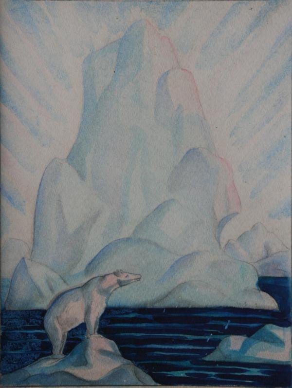Vadin Chernoff (1888-1954): Modernist Arctic Scene with Polar Bear, c. 1925, Watercolor on Board, 16.75" x 14", SLR, Unframed