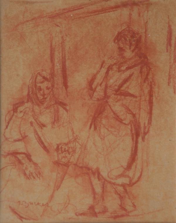 Jacques Zucker (1900-1981): Portret Starca I Kobiecy, c. 1930, Red Chalk on Paper, 13.5" x 10.75", SLL, Framed. Polish American.