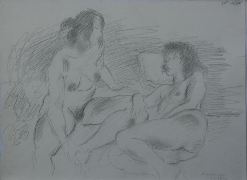 Raphael Soyer (1899-1987): Two Women, c. 1975, Charcoal on Paper, 14" x 17.50", SLR, Framed