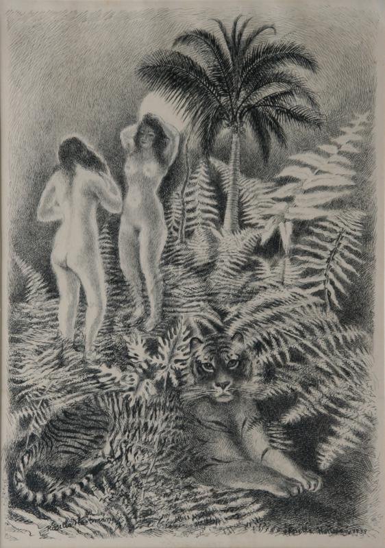 Rosella Hartman (1894-1984): Tropical Fantasy, 1939, Ink on Paper, 19" x 13", SLL and LR, Framed. Woodstock wormy chestnut frame.