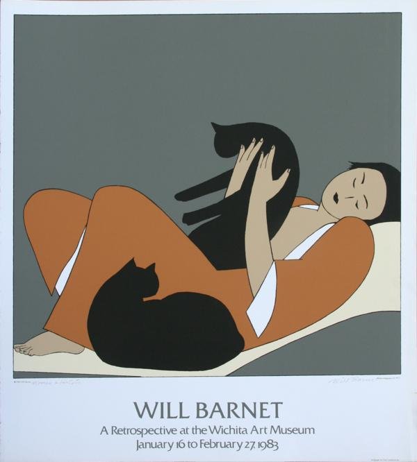 Will Barnet (1911-2012): Woman and Two Cats, 1983, Serigraph, 31" x 28", SLR and Titled LL, Unframed. Exhibition poster for "Will Barnet: A Retrospective at the Wichita Art Museum