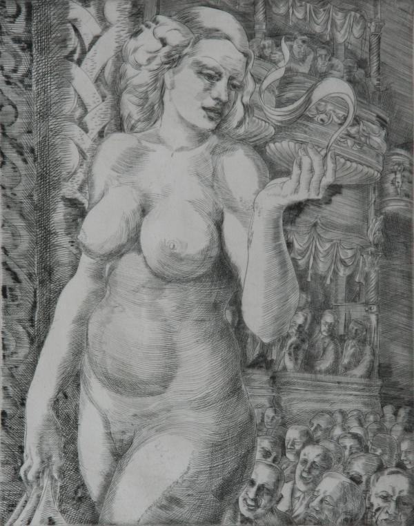 Reginald Marsh (1898-1954): G String, 1936, Drypoint Etching, 9.5" x 7.75", SLR "Reginad Marsh (F.M.) by artist's wife Felicia Marsh", Unframed. Printed on Rives paper.