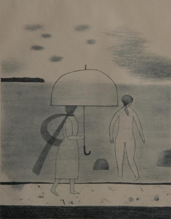 Doris Lee (1905-1983): Gray Day at the Beach, c. 1940, Lithograph, 12" x 9", SLR, Framed