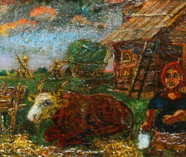 David Burliuk (1882-1967): Peasant Woman with Cow, c. 1940, Oil on Canvas, 8" x 9", SUL, Framed
