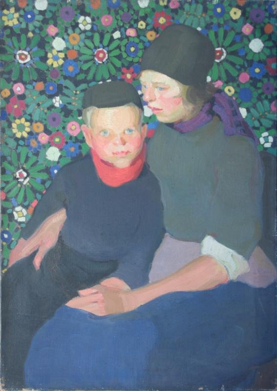 Heitland, n.d.: Mother and Child with Flowers, n.d., Oil on Canvas, 35.5" x 24.5", Signed on Verso, Unframed