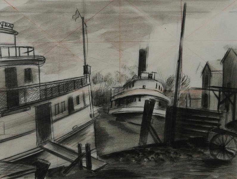 Konrad Cramer (1883-1963): Ida Dayliner in the Rondout, n.d., Conte, Ink and Wash on Paper, 7.25" x 9.25" (image), Signed on Verso by Artist's Daughter with Estate Stamp, Framed