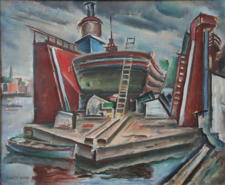 Charles Rosen (1878-1950): Dry Dock II, c. 1940, Oil on Canvas, 25" x 30", SLL, Framed. RESERVE.