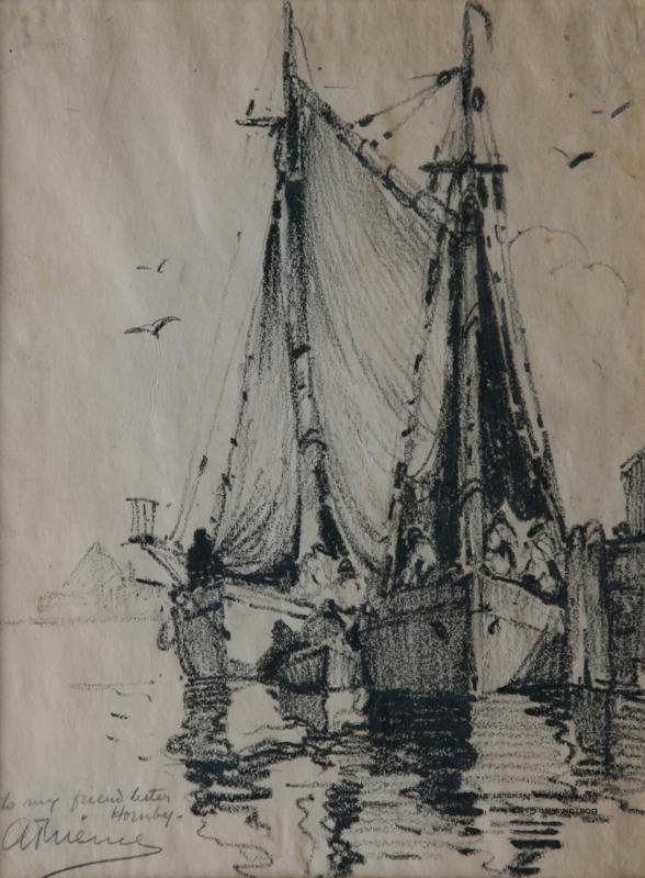 Anthony Thieme (1888-1954): Fishing Boats at Rest, n.d., Lithograph, 10.5" x 8.5", SLL, Unframed. Newman Galleries label on verso. Inscribed "to my friend Lester Hornby".