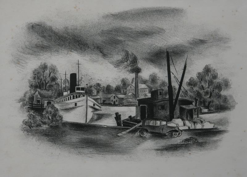 Konrad Cramer (1888-1963): Rondout Scene, Kingston, NY, 1933, Chine de Colle, 11" x 15", SLR, Ed. 2/25, Framed. Mild foxing.