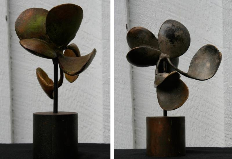 Sharon Wandel: Flowers (Sculpture Group) c. 2005, Cast Bronze with Organic Patina, 7" x 5" x 4.5", Signed on Bottom "SW." Spindle mounted on cylindrical steel base.