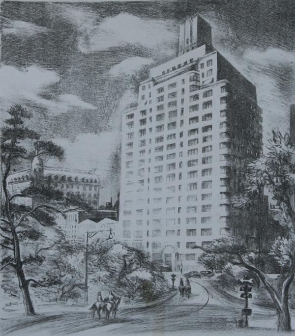 Margaret Lowengrund (1902-1957): 295 Central Park West, c. 1950, Lithograph, 13" x 12.5", Unsigned, Unframed. Provenance: Descended from artist's estate. Condition Note: Minor stain lower center.
