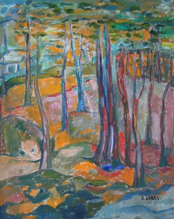 Jehudith Sobel (1924-2012): Wooded Lanscape with Church, c. 1990, Oil on Canvas, 24" x 30", SLR, Framed