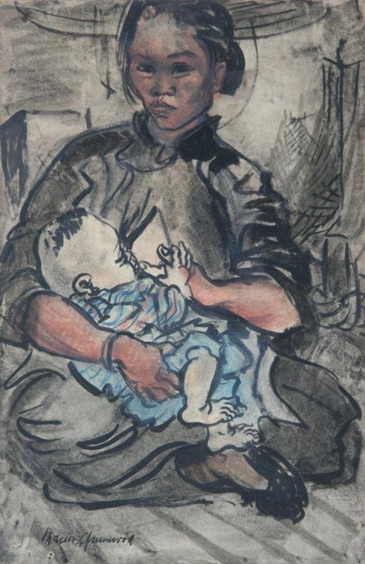 Marion Greenwood (1909-1970): Mother and Child, c. 1950, Colored Ink on Paper, 17.5" x 11.5", SLL, Framed. Associated American Artist label on verso.