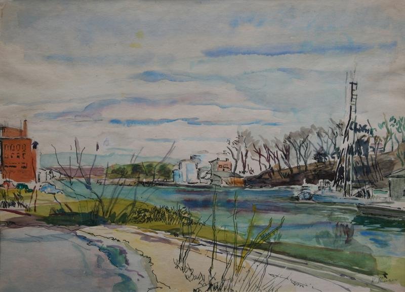 Kurt Sluizer (1911-1988): Rondout, 1937, Watercolor and Ink on Paper (Sleightsburg), 14" x 19", SLR in Pencil, Unframed