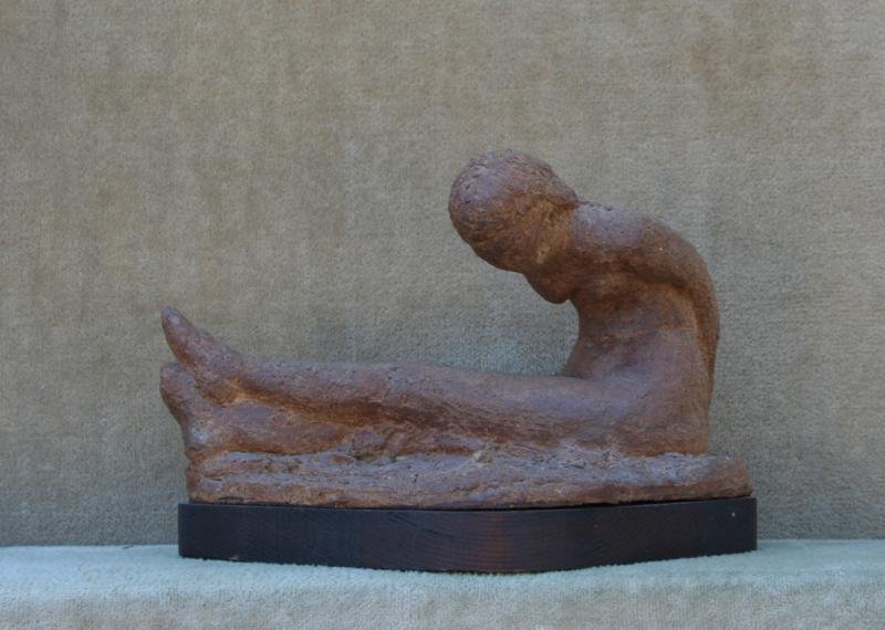 Amy Small (1910-1997): Narcissa, c. 1970, Fired Terra Cotta, 5" x 8" x 5", Signed on Wood Base. Mounted on wood base.