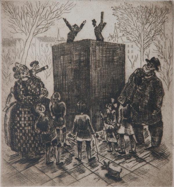 Julio de Diego (1900-1979): Punch and Judy Show, c. 1940, Drypoint Etching, 8" x 7.5", Ed. 2/5, SLL, Framed