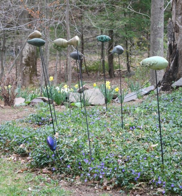 Sharon Wandel (b. 1940): Garden Fish (group of three) c. 1995, Cast Bronze, 3.5" x 12" x 3", Signed on Bottom (each) "SW." Each spindle mounted on fabricated steel display base approximately 40" high.