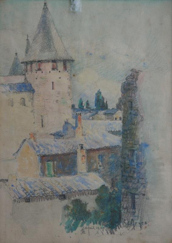 George Noyes (1864-1954): The Turret, 1924, Graphite and Watercolor on Paper, 12" x 8.5", SLR, Framed. Newman Galleries label on verso.