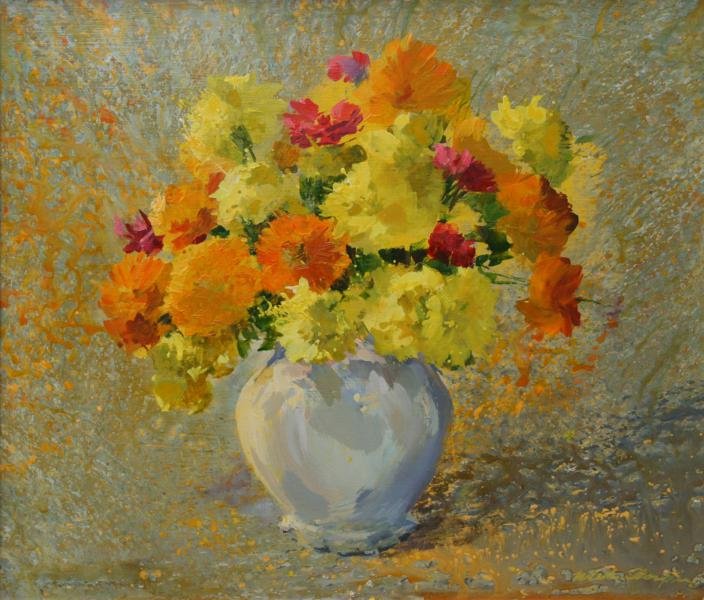 Malcolm Barton Thompson (b. 1916): Golden Glow, n.d., Oil on Board, 18" x 21.5", SLR, Framed. Newman Galleries label on verso. Connecticut artist.