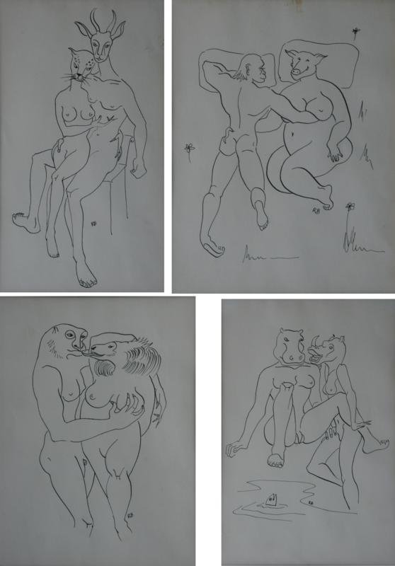 Unknown (RB): Erotic Suite (Four Pieces) c. 1990; A. Hippo and Rhino, B. Cheta and Antelope, C. Monkey and Pig, D. Baboon and Lion; Ink on Paper; 11" x 9" (Approx. All); SLR (All); Framed