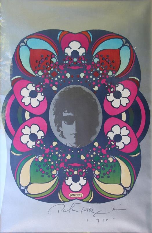 Peter Max (b. 1937): Bob Dylan, 1970, Lithograph, 35" x 24", SLC, Framed. Inscribed on verso with original P.Max sketch. sig. and date 1994 [date of purchase].
