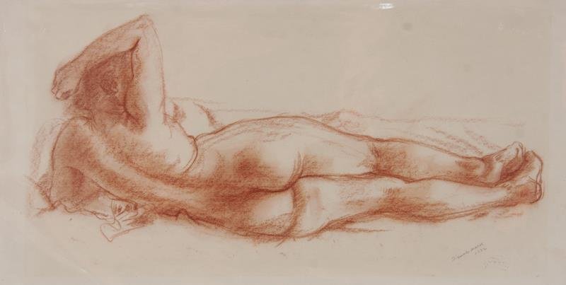 Reginald Marsh (1898 - 1954): Reclining Nude, 1932, Conte on Paper, 9" x 17 3/8" (image), SLR, Framed.