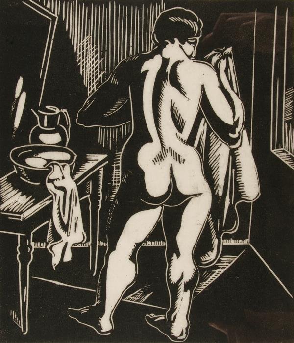 Emil Ganso (1895 - 1941): Nude at Washstand, c. 1935, Woodcut, 12" x 10 3/4", SLR, Unframed.