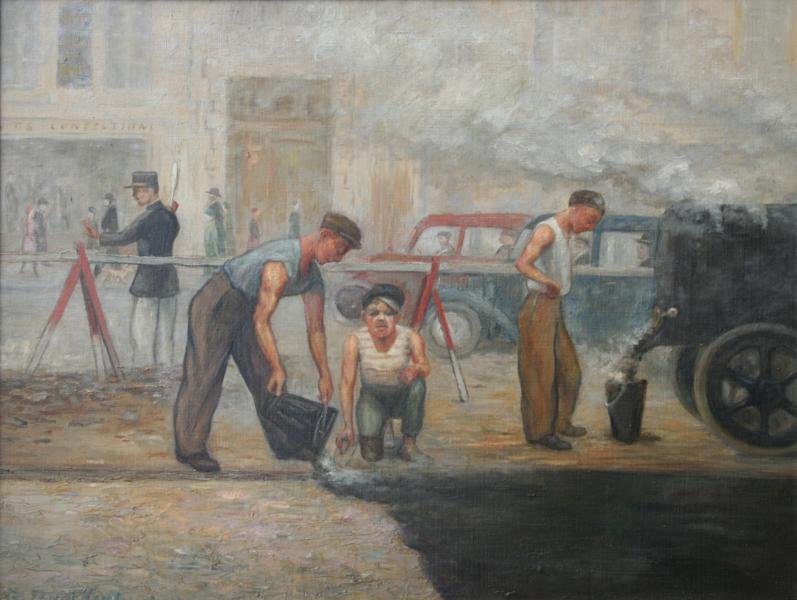 G. Feuardent: Les Coudronneurs a Paris, 1925, Oil on Canvas, 20" x 26", Framed.