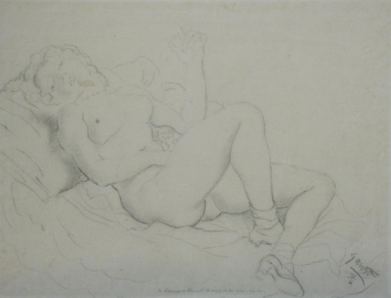 Emil Ganso (1895-1941): Untitled (Reclining Nude), c. 1925, Charcoal on Paper, 1931, 16" x 21.75", Signed Lower Right. Inscribed: "To Florence and Konrad - a very good year - 1942".