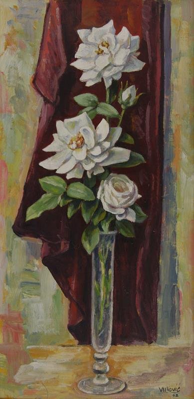 Marko Vukovic (1892 - 1973): Untitled (Roses), c. 1955, Oil on Board, 24" x 12", SLR, Framed.