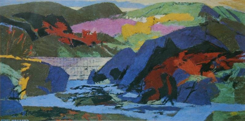 Ethel Magafan (1916-1993): Gibson Dam, c. 1980, Offset Lithograph, 8" x 15", SLL in Plate, Unframed. Published for Bureau of Reclamation Art Collection, US Department of the Interior.