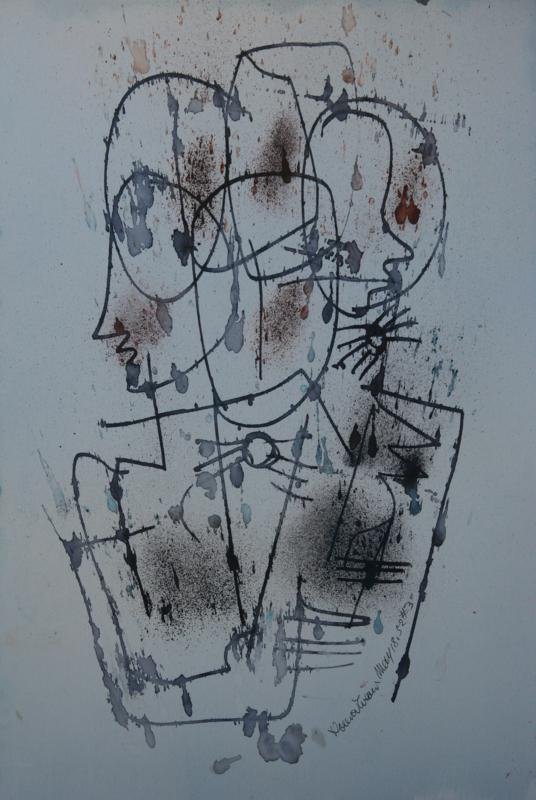 Konrad Cramer (1888-1984): Abstract with Four Figures #3, 1952, Mixed Media Ink and Wash on Paper, 18" x 12.5", SLR, Unframed. Estate of Konrad Cramer.