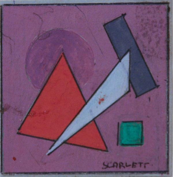 Rolph Scarlett (1889-1984): Untitled Abstract in Purple, Gray, Orange, Green and White; c. 1950; Ink and Gouache on Paper; 2.25" x 2.25"; SLR; Framed.