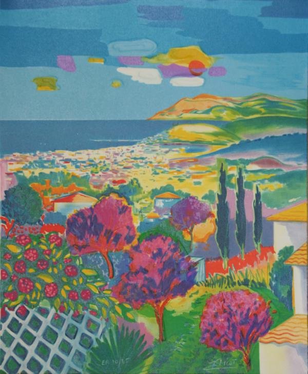 Jean Claude Picot (b. 1933): Mediteranean View, c. 1980, Color Lithograph, 22" x 18.5", SLR, Ed. 10/35, Unframed.
