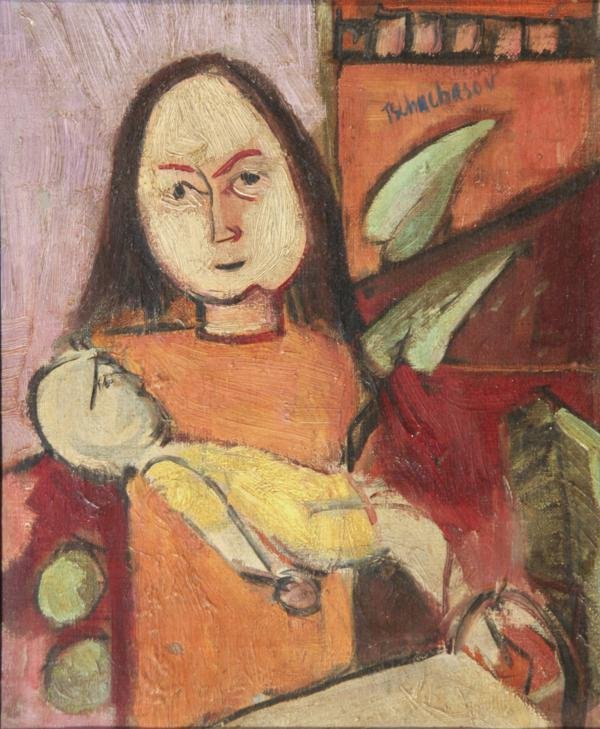 Nahum Tschachasov (1899-1984): Mother and Child, c. 1935, Oil on Canvas, 12" x 9", SUR, Framed. Russian American artist.