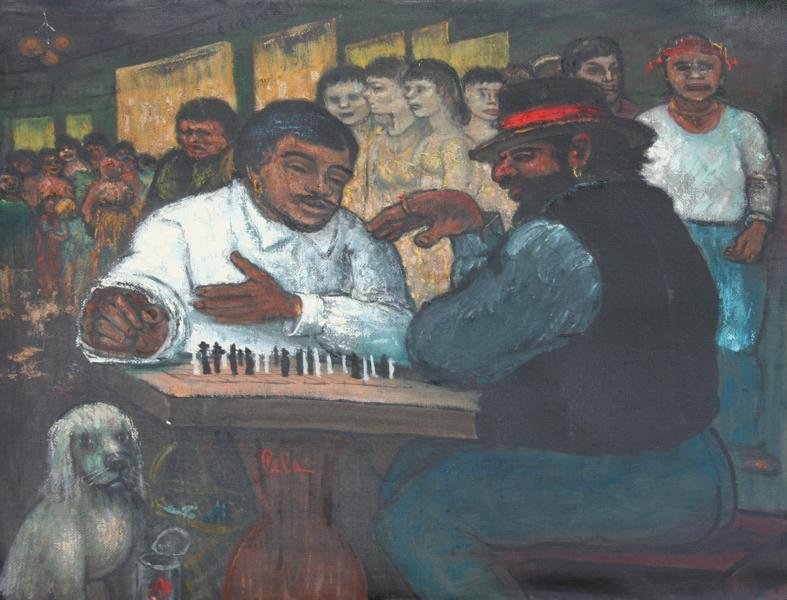 Albert Pels (1910-1998): Sidewalk Chess in Spanish Harlem, c. 1980, Oil on Canvas, 16" x 20", SLL, Unframed.
