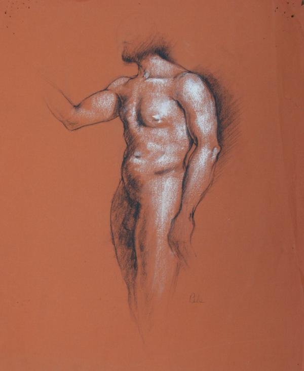 Albert Pels (1910-1998): Standing Male Nude, c. 1960, Charcoal and Pastel on Paper, 16" x 13", SLR, Unframed. Minor tear (repaired) right edge.