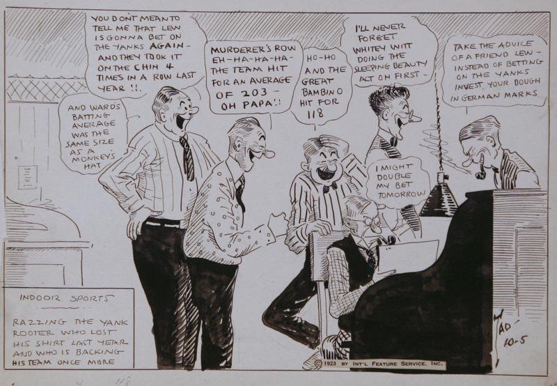 "Tad" Dorgan (Thomas Aloysius Dorgan) (1877 - 1929): Indoor Sports, Yankee (Baseball) Fans, 1923, Ink on Paper, 8" x 12", SLR, Unframed.