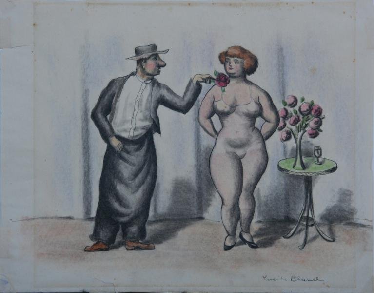 Lucile Blanch (1895-1981): Circus Performers, c. 1930, Ink and Colored Pencil on Paper, 8" x 10", SLR, Unframed. Minor tear lower edge.