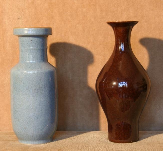 Unknown Chinese: Two Vases, ND, A. Oxblood Glaze Over Earthenware, Pear Shaped, 8.5" H, NA, B. Wide Mouth Robbin's Egg with Craquelure Glaze, 8.5" H, NA.