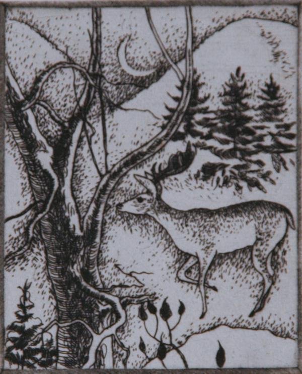 Rosella Hartman (1894-1984): Winter Deer with Crescent Moon, c. 1945, Etching, 4" x 3.25", SLR, Framed.